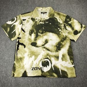 Vintage Y2K Camp Shirt Large All Over Print Wolf Zone Animal Japanese Skater
